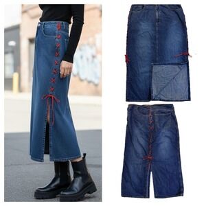 Y2K 90s Red Lace Up Denim Maxi Skirt Size 14 Grunge Streetwear VTG Indie Sleaze